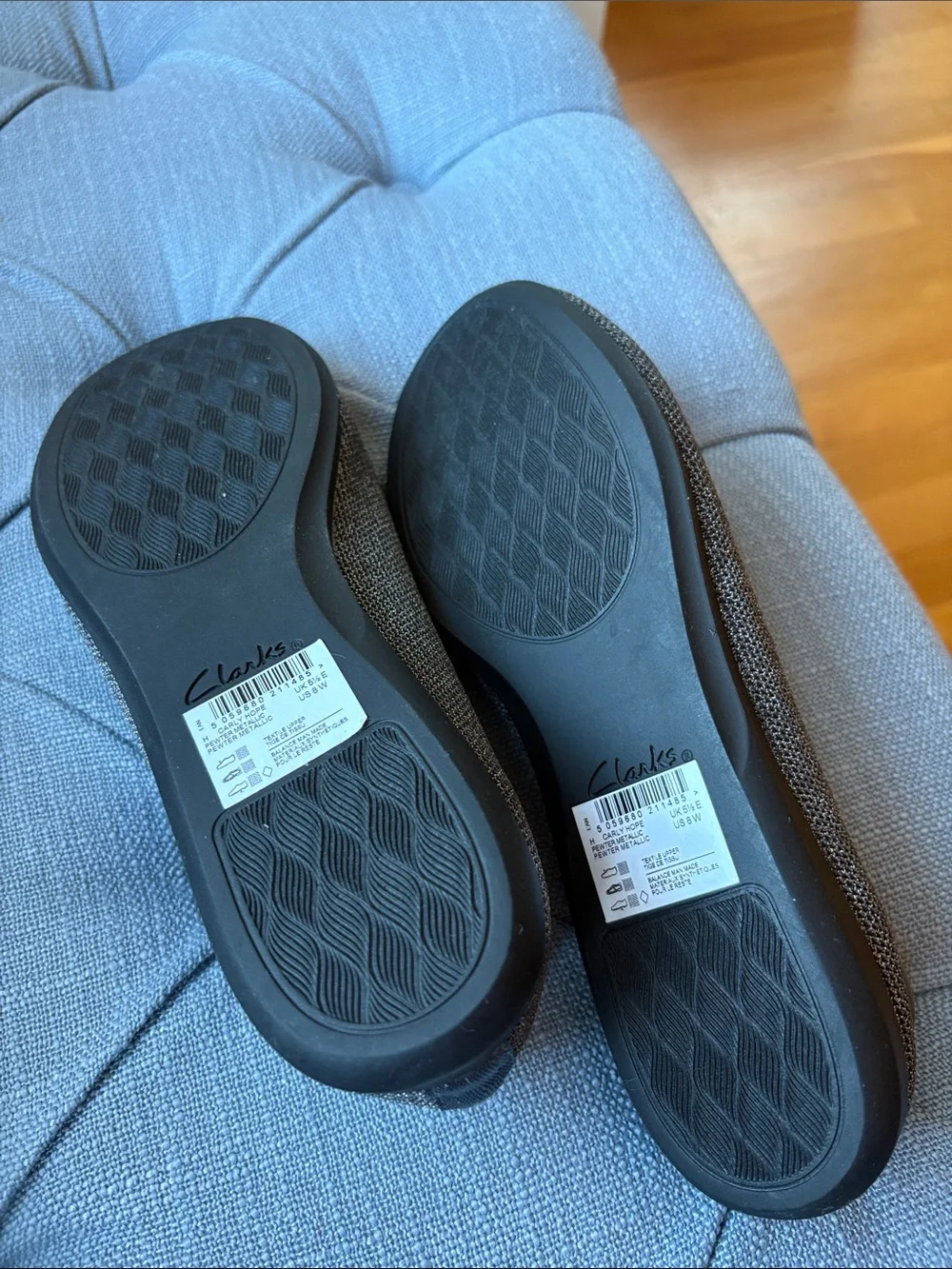 Clarks Gray Sparkle Ballet Flats with Bow and Stud Accents